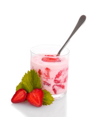 yogurt and strawberries isolated on white
