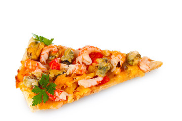 Delicious slice of pizza with seafood isolated on white