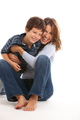 Happy mother and son on a white background