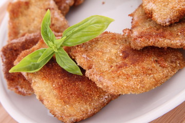 Fried Soy Meat decorated with basil