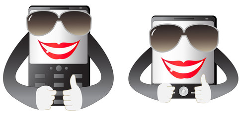 two cute smiling mobile phone with hand and sunglasses