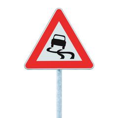 Slippery when wet road sign isolated signpost traffic signage