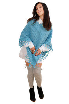 Nice Girl In Blue Poncho Poses For The Camera