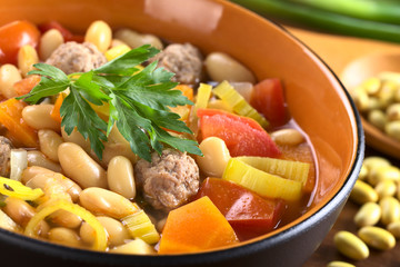 Canary bean soup with meatballs and vegetables