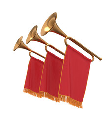 Three trumpets with a red  banners flags pennants. - obrazy, fototapety, plakaty