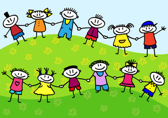 Funny cartoon group of children standing on a green grass