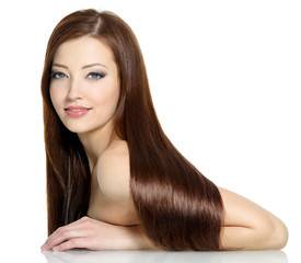 Beautiful fashion woman with long straight hairs - on white