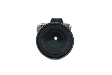 Black digital camera isolated on white background