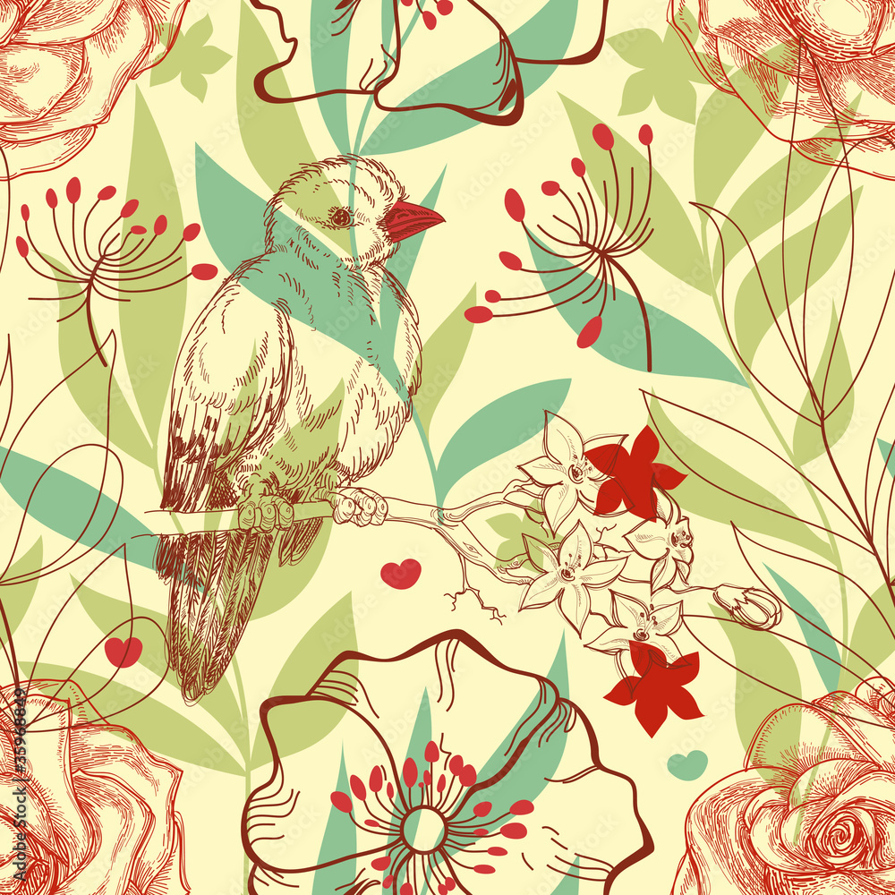 Poster bird and roses retro seamless pattern