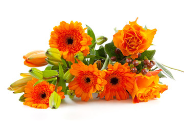 Bouquet of orange flowers over white background