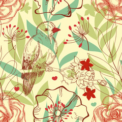 Bird and roses retro seamless pattern