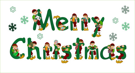 Merry christmas sign with elves