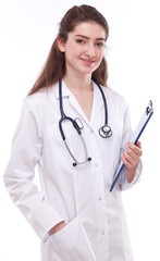 Doctor with medical card. Isolated on a white.