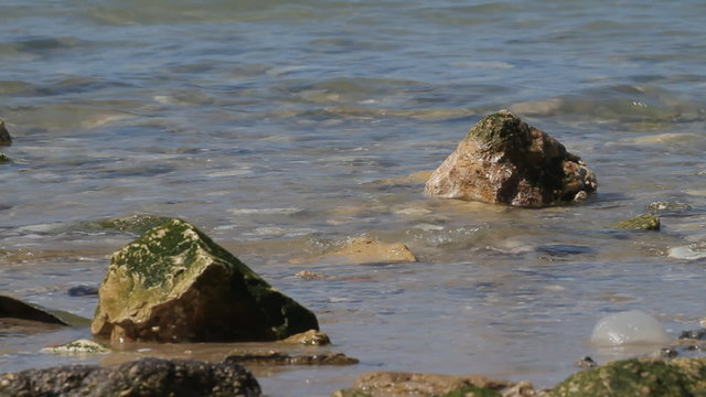 Waves and stones on the beach of Tel Aviv.