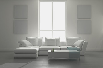 Interno con divani e finestra rendering 3d