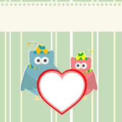 cute owl holding red love heart card vector background