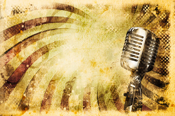 Grunge music background with old microphone