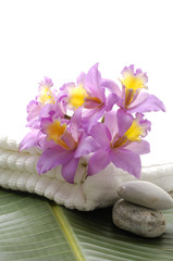 Fototapeta na wymiar Bouquet of orchid flower and towels on banana leaf