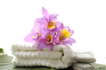 Fototapeta na wymiar Tropical różowa orchidea i ręcznik z kamieni na liściu bananowca