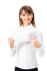 Fototapeta premium Businesswoman showing blank signboard, on white