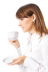 Business woman drinking coffee, isolated