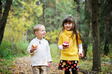 Little boy and little girl eating apples in forest