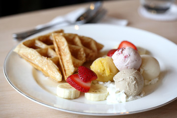 Waffles with ice cream and fruits