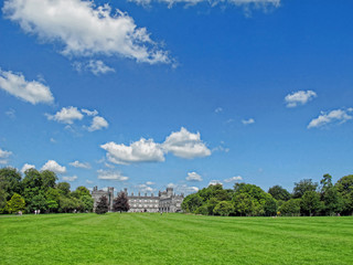 Fototapeta na wymiar Castle on a meadow in Ireland with blue sky