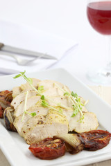 Chicken salad with wine in white background