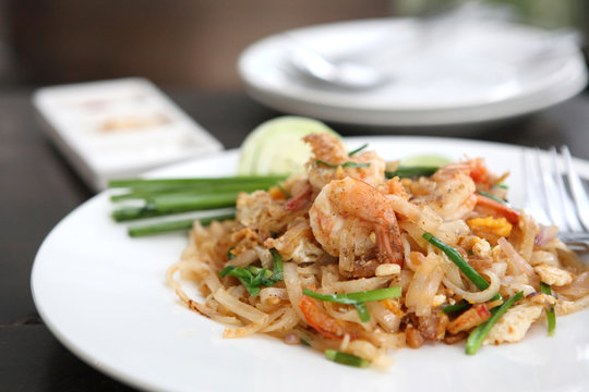 Thai food padthai on wood background