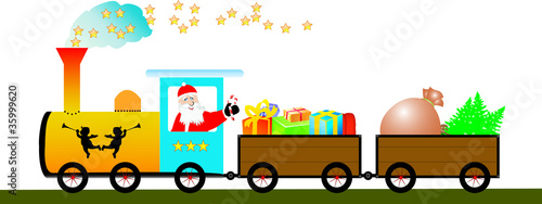 "Nikolaus im Zug mit Weihnachtsbaum und Geschenken Vector" Stockfotos