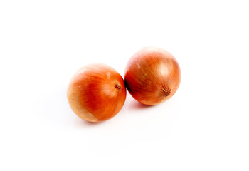 Onion, Arrangement of two ripe, fresh onions isolated on white