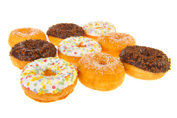 Various donuts on white background