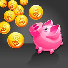 Piggy bank illustration. Vector icon. Pink. Black background.