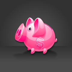 Pink piggy bank with dollar sign. Black background.