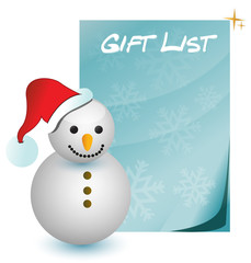 Fototapeta na wymiar gift list with snowman illustration
