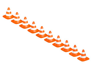 Traffic cones in line. Isolated on white.