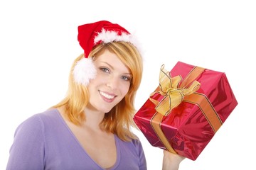 beautiful young woman with a red present (white background)
