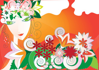 Fototapeta na wymiar Vector illustration of a pretty girl with flowers in her hair