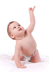 Closeup portrait of cute baby boy with outstretched hand isolate