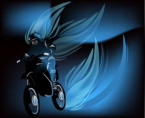 Papier Peint photo Lavable Moto homme sur moto en flamme bleue