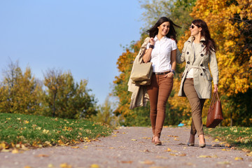 Two cheerful girls twins, in the autumn park