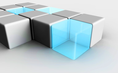 Grey and blue cubes in front of grey background