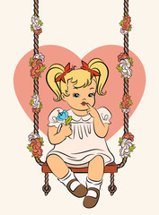 Vintage cartoon little girl with swings. Vector