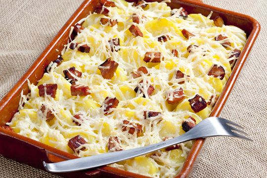 potatoes and bacon baked with pecorino cheese