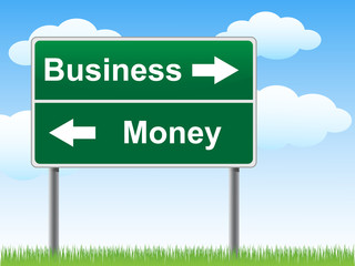 Business money road sign on sky background, grass underneath.