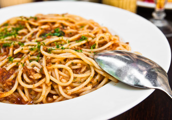 Italian meat sauce noodles on the table