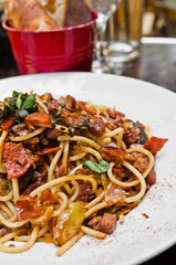 Italian meat sauce noodles on the table