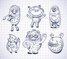 set of hand drawn monsters and freaks