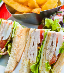 Sandwich with chicken, cheese and golden French fries
